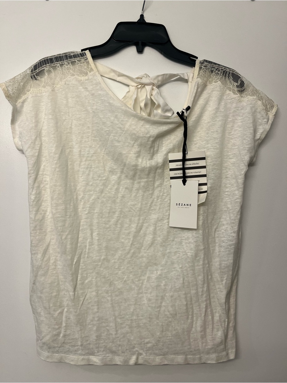 NWT - Sezane White Lace-Trim Tie-Back Tee - Small